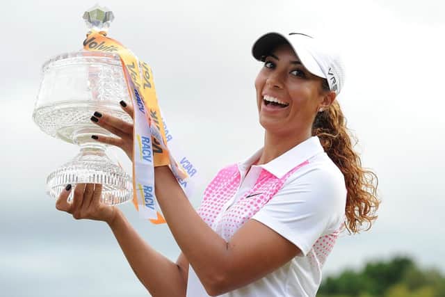 A delighted Cheyenne Woods with the Australian Ladies Masters trophy. Picture: Getty