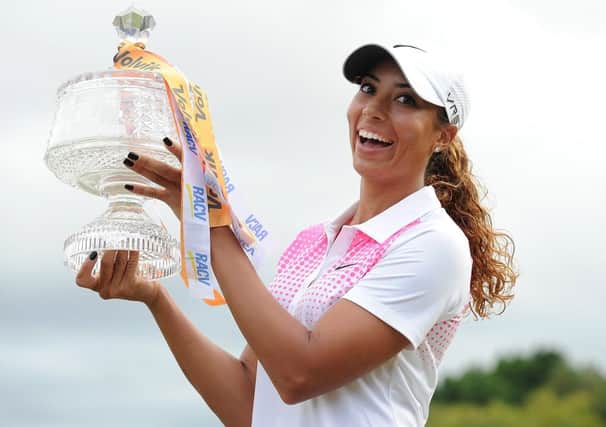 A delighted Cheyenne Woods with the Australian Ladies Masters trophy. Picture: Getty