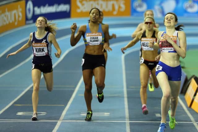 Laura Muir, right, crosses the line first to win the womens 800 metres final. Picture: Getty Images