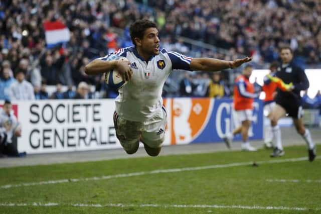 France centre Wesley Fofana adds a flourish to his try. Picture: Benoit Tessier/Reuters