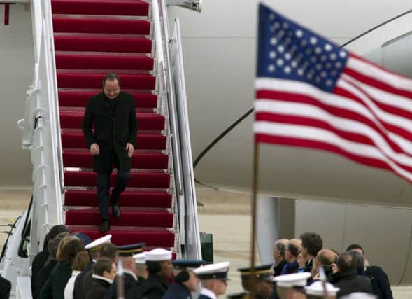 Francois Hollande upon his arrival at Andrews Air Force Base in the United States. Picture: AP
