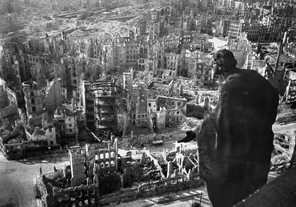 An aerial image taken from the top of Dresdens town hall reveals the devastation after the Allied bombing of 1945. Picture: Getty