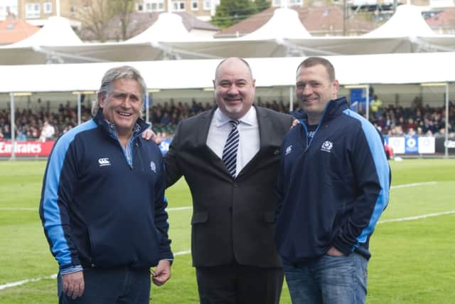 Mark Dodson, chief executive of Scottish Rugby, unveils Scotland's newly appointed director of rugby, Scott Johnson (left) and forwards coach Jonathan Humphreys last year. Picture: SNS