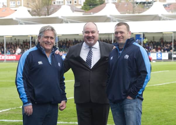 Mark Dodson, chief executive of Scottish Rugby, unveils Scotland's newly appointed director of rugby, Scott Johnson (left) and forwards coach Jonathan Humphreys last year. Picture: SNS