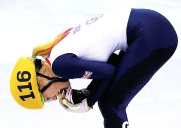 Scottish speed skater Elise Christie reacts after the Short Track Speed Skating Ladies' 500 m Final. Picture: Getty