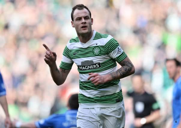 Anthony Stokes celebrates after giving Celtic a 1-0 lead after 16 minutes. Picture: SNS