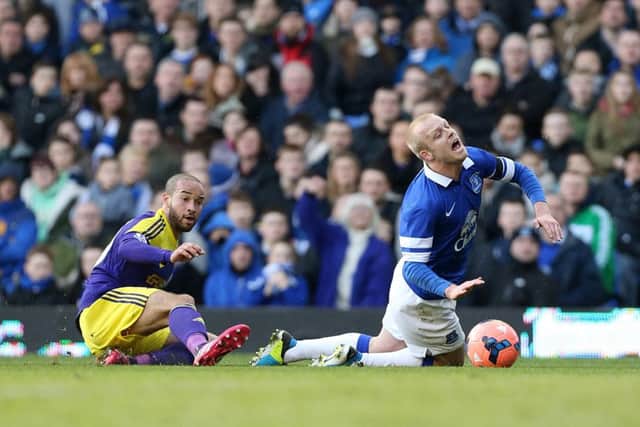Steven Naismith is brought down to earn Evertons third goal yesterday. Picture: PA