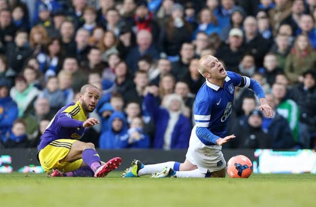 Steven Naismith is brought down to earn Evertons third goal yesterday. Picture: PA
