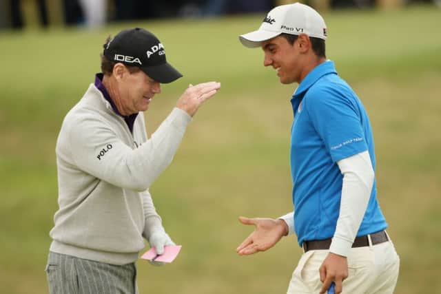 Tom Watson celebrates holing a putt at Turnberry with Matteo Manassero. Picture: Getty Images