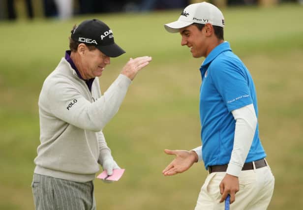 Tom Watson celebrates holing a putt at Turnberry with Matteo Manassero. Picture: Getty Images