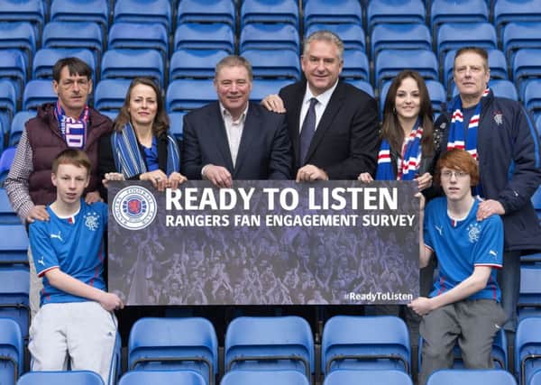 Rangers Chief Executive Graham Wallace, manager Ally McCoist, and a group of fans launch Ready to Listen. Picture: PA