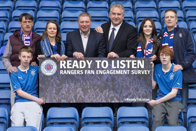 Rangers Chief Executive Graham Wallace, manager Ally McCoist, and a group of fans launch Ready to Listen. Picture: PA