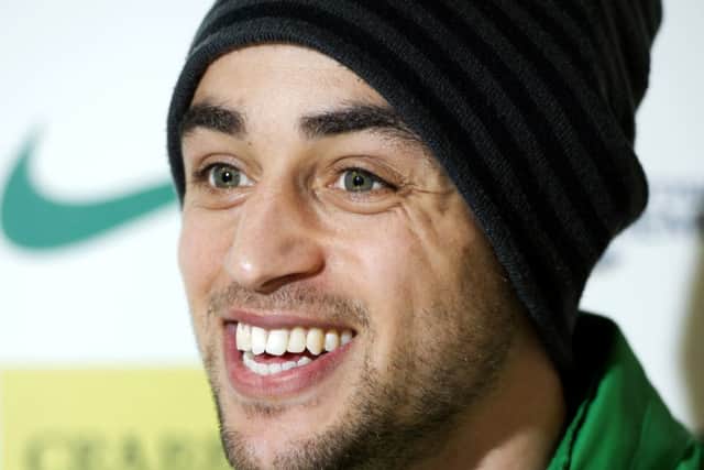 Tom Taiwo is all smiles as he chats about Hibernian's upcoming trip to Rugby Park. Picture: SNS