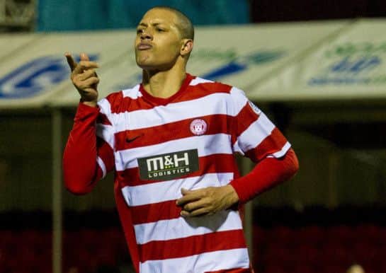 Mickael Antoine Courier celebrates putting Hamilton 2-0 up. Picture: SNS