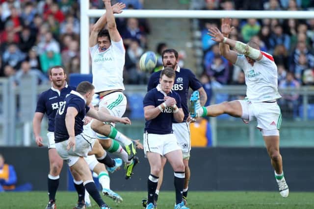 Duncan Weir scores the winning drop goal in Rome. Picture: Getty