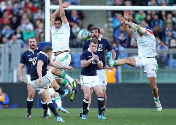 Duncan Weir scores the winning drop goal in Rome. Picture: Getty