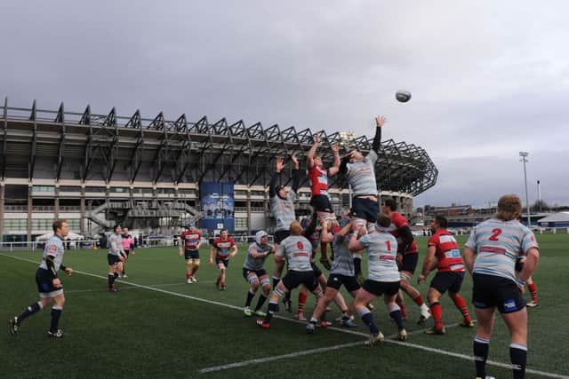 The Aberdeen and Accies packs compete for possession from the lineout. Picture: Ian Rutherford