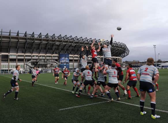 The Aberdeen and Accies packs compete for possession from the lineout. Picture: Ian Rutherford