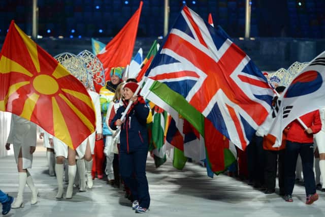GBs flag bearer, Lizzy Yarnold, enters the Olympic Stadium for the closing ceremony. Picture: Getty