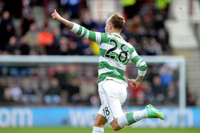 Leigh Griffiths celebrates his first goal for Celtic at Tynecastle. Picture: Jane Barlow