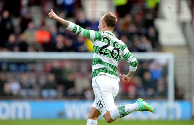 Leigh Griffiths celebrates his first goal for Celtic at Tynecastle. Picture: Jane Barlow