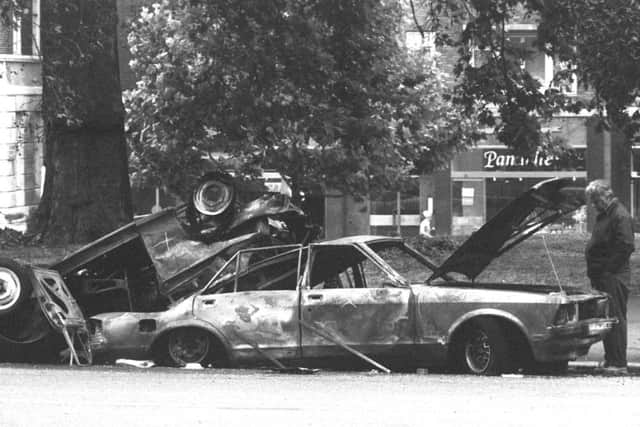 The remains of the car which housed the bomb. Picture: PA