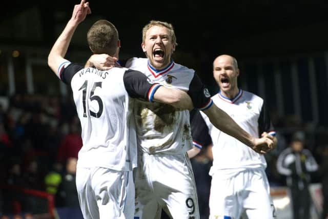 Richard Foran (right) celebrates with goalscorer Marley Watkins as ICT go three goals in front. Picture: SNS