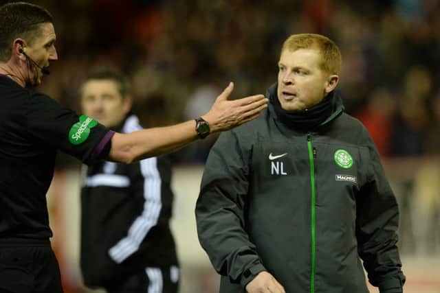Neil Lennon vents his anger at Craig Thomson at full time. Picture: SNS