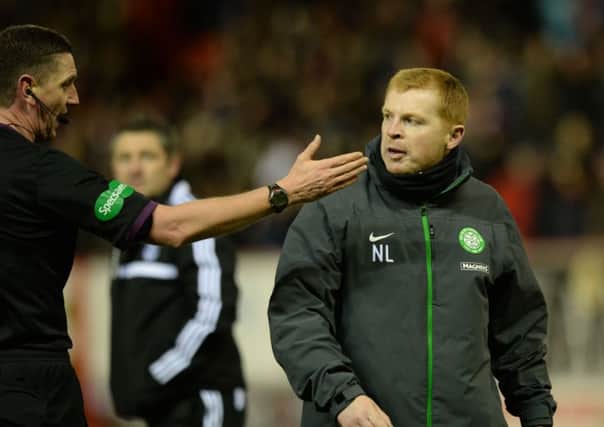 Neil Lennon vents his anger at Craig Thomson at full time. Picture: SNS