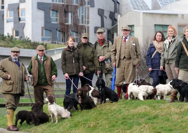 Scottish gamekeepers at the Scottish Parliament lobbying against a tail docking ban. Picture: Neil Hanna