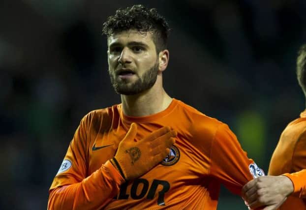 Dundee Uniteds Nadir Ciftci celebrates opening the scoring at Easter Road. Picture: SNS