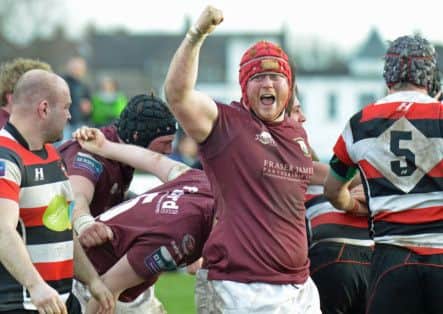 Gala prop Ewan Johnstone celebrates his team's try. Picture: Jon Savage