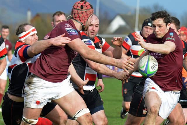 JON SAVAGE PHOTOGRAPHY 07762 580971www.jonsavagephotography.com rugby stirling country v gala  1st March 2014Gala's Ewan Dods tries to break away from  AJ MacFarlane (L)