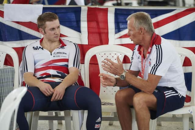 Great Britain's Jason Kenny (left) talks to head coach Shane Sutton. Picture: Luke Webber/British Cycling/PA Wire.