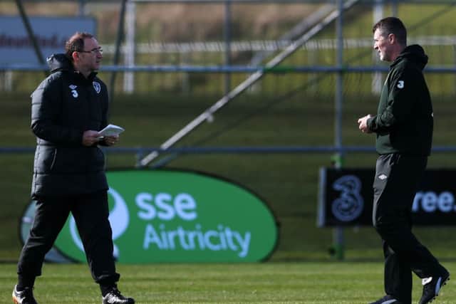 Assistant manager Roy Keane, right, looks on with Ireland manager Martin ONeill ahead of tomorrows match against Serbia. Picture: PA
