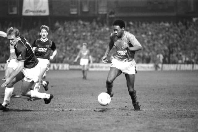 Rangers newcomer Mark Walters plays in 1988 against Hearts at Tynecastle, where he was struck by a banana. Picture: Jack Crombie