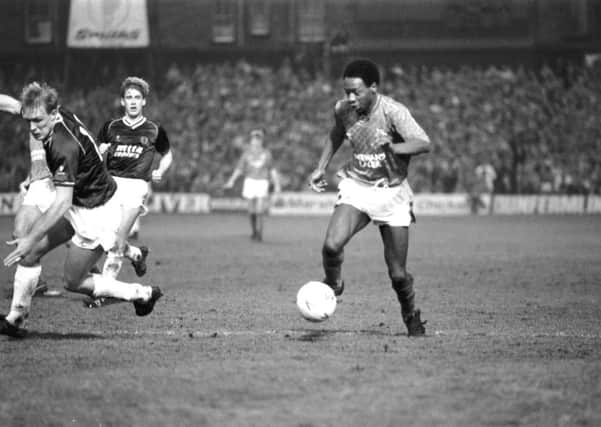 Rangers newcomer Mark Walters plays in 1988 against Hearts at Tynecastle, where he was struck by a banana. Picture: Jack Crombie