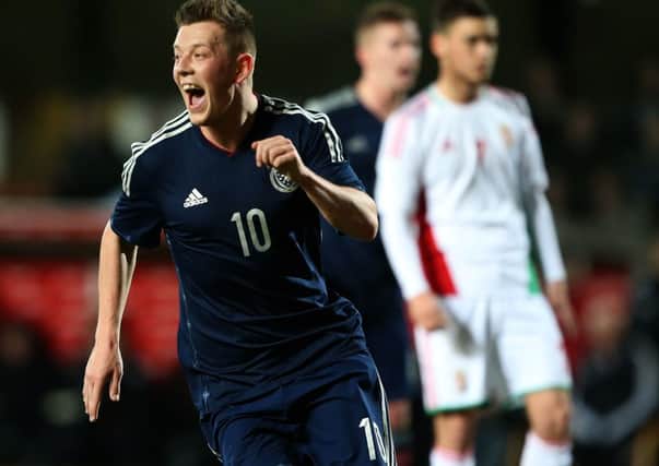 Scotlands Callum McGregor celebrates scoring the opening goal in the Under21s  friendly against Hungary. Picture: PA