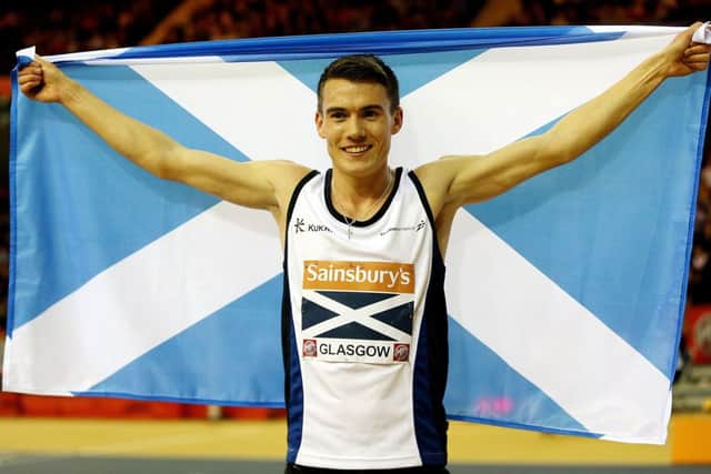 Chris O'Hare celebrates his win in the 1500m event at the British Athletics Glasgow International. Picture: Getty