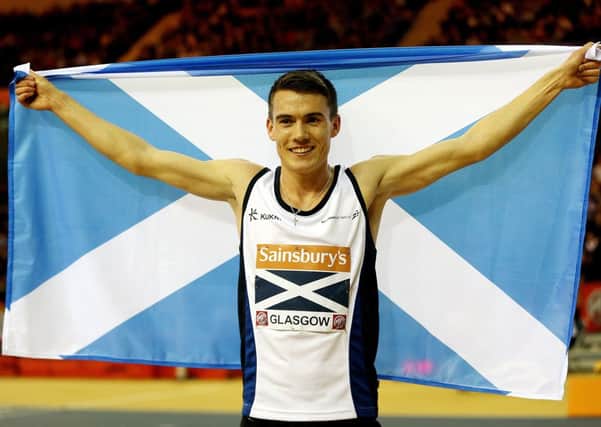 Chris O'Hare celebrates his win in the 1500m event at the British Athletics Glasgow International. Picture: Getty