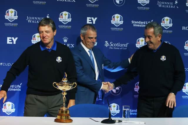 Europes Ryder Cup captain Paul McGinley, centre, unveils Des Smyth, left, and Sam Torrance as his vice-captains. Picture: PA