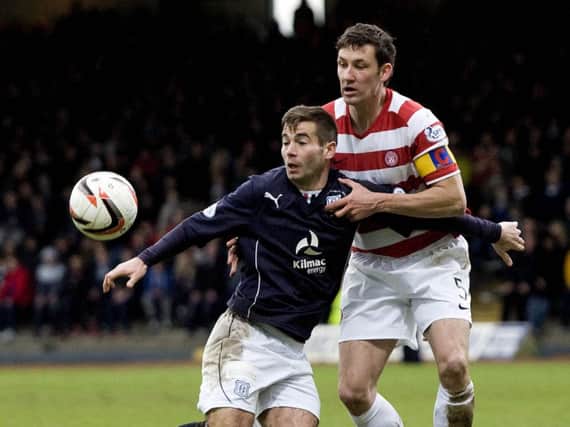 Dundee's Peter MacDonald holds off counterpart Martin Canning (right). Picture: SNS