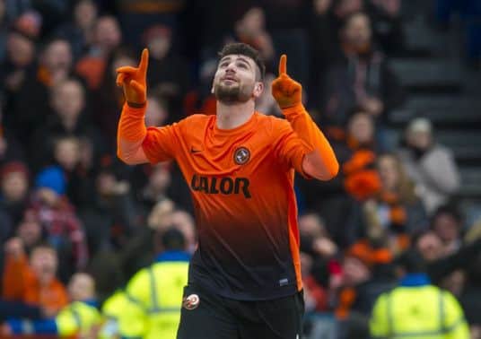 Dundee Utd's Nadir Ciftci celebrates his first goal of the game. Picture: SNS