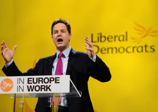 Deputy Prime Minister Nick Clegg gives his key note address at the Liberal Democrats' spring conference. Picture: Getty