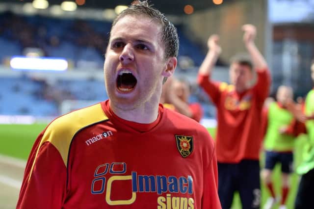 Albion Rovers defender Michael Dunlop celebrates at the end of his sides draw with Rangers. Picture: SNS