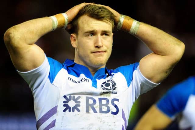 Stuart Hogg shows his dejection after the final whistle against France last Saturday. Picture: Ian Rutherford