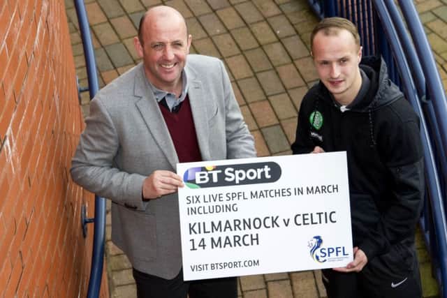 Leigh Griffiths is joined by BT Sport commentator Gary McAllister as they promote the channel's live SPFL coverage. Picture: SNS