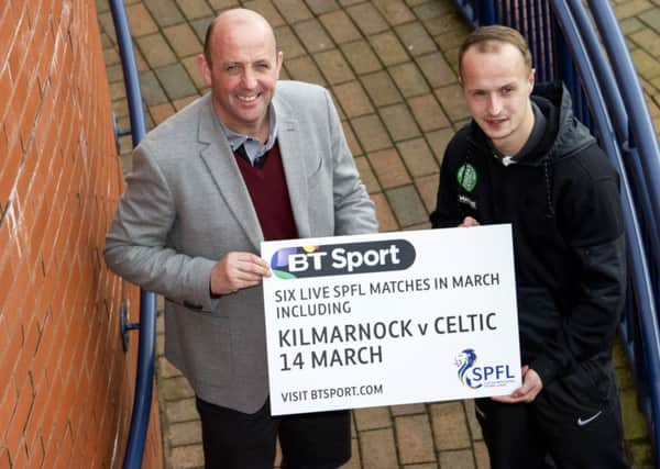 Leigh Griffiths is joined by BT Sport commentator Gary McAllister as they promote the channel's live SPFL coverage. Picture: SNS