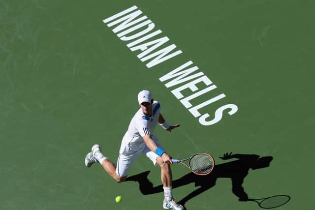 Andy Murray lunges to return a backhand to Jiri Vesely during the BNP Paribas Open at Indian Wells. Picture: Getty