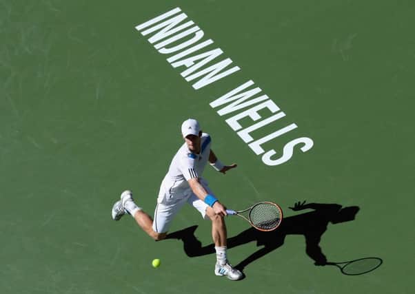 Andy Murray lunges to return a backhand to Jiri Vesely during the BNP Paribas Open at Indian Wells. Picture: Getty